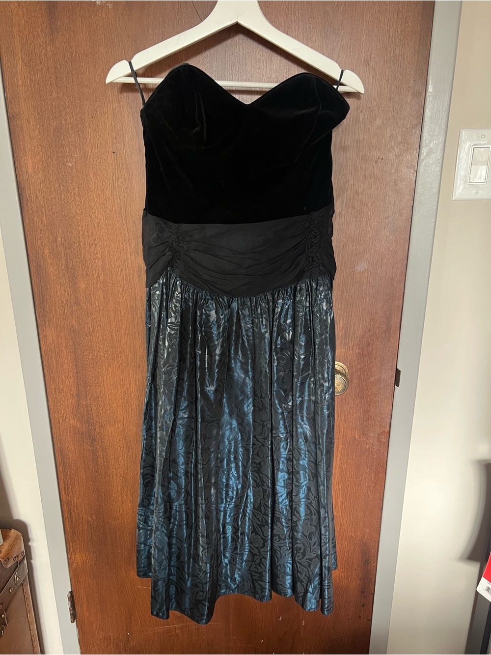 Vintage Black Velvet Strapless Cocktail Dress with Shiny Patterned Skirt